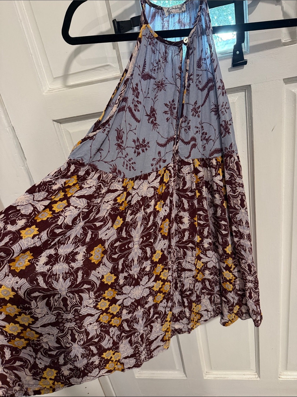 Free People Boho Patchwork Maxi Skirt - Light Blue, Maroon & Mustard